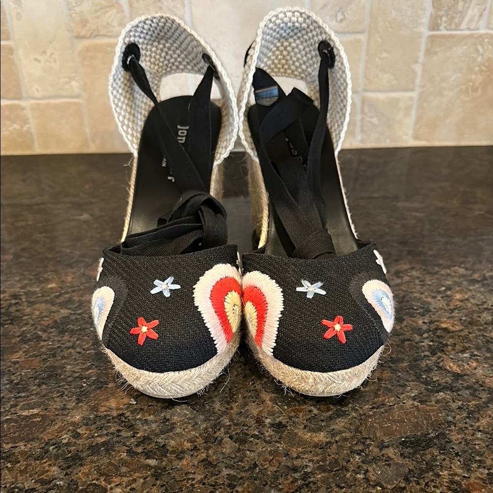 Black Embroidered Espadrille Wedges